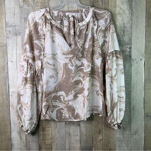 August Sky Size Large Cream & Tan Long Balloon Sleeves Square Neck Tie B…